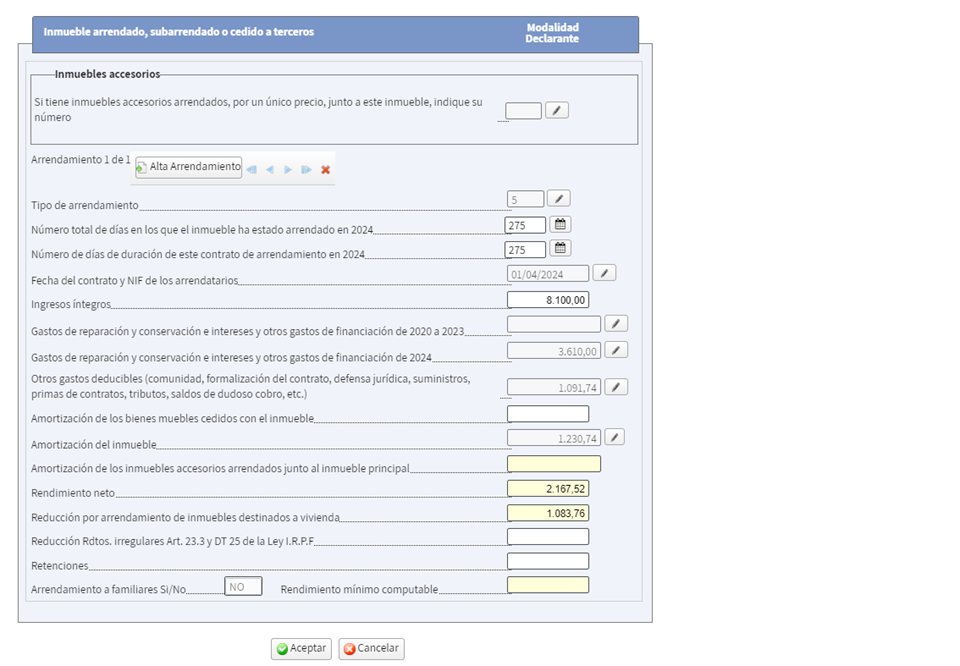 IRPF rendimiento neto alquileres
